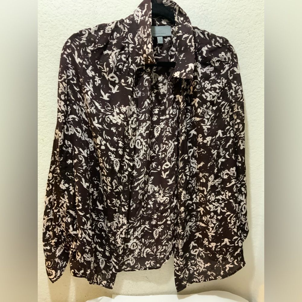 Classiques Entier Brown Cream 100% Silk Long Sleeve Blouse